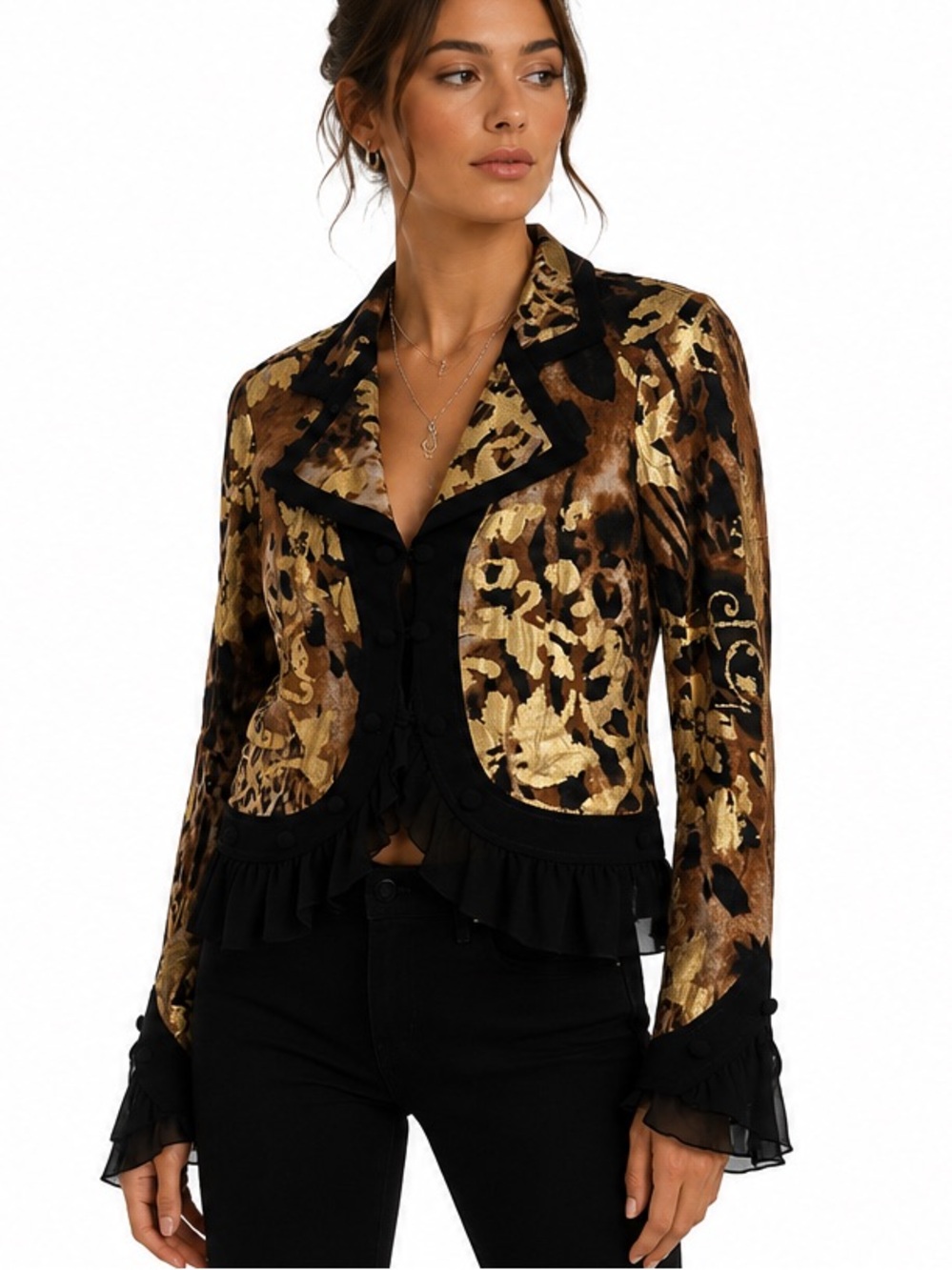 Joseph Ribkoff Gold Animal Print Ruffle Jacket Blazer Size 10 (large)